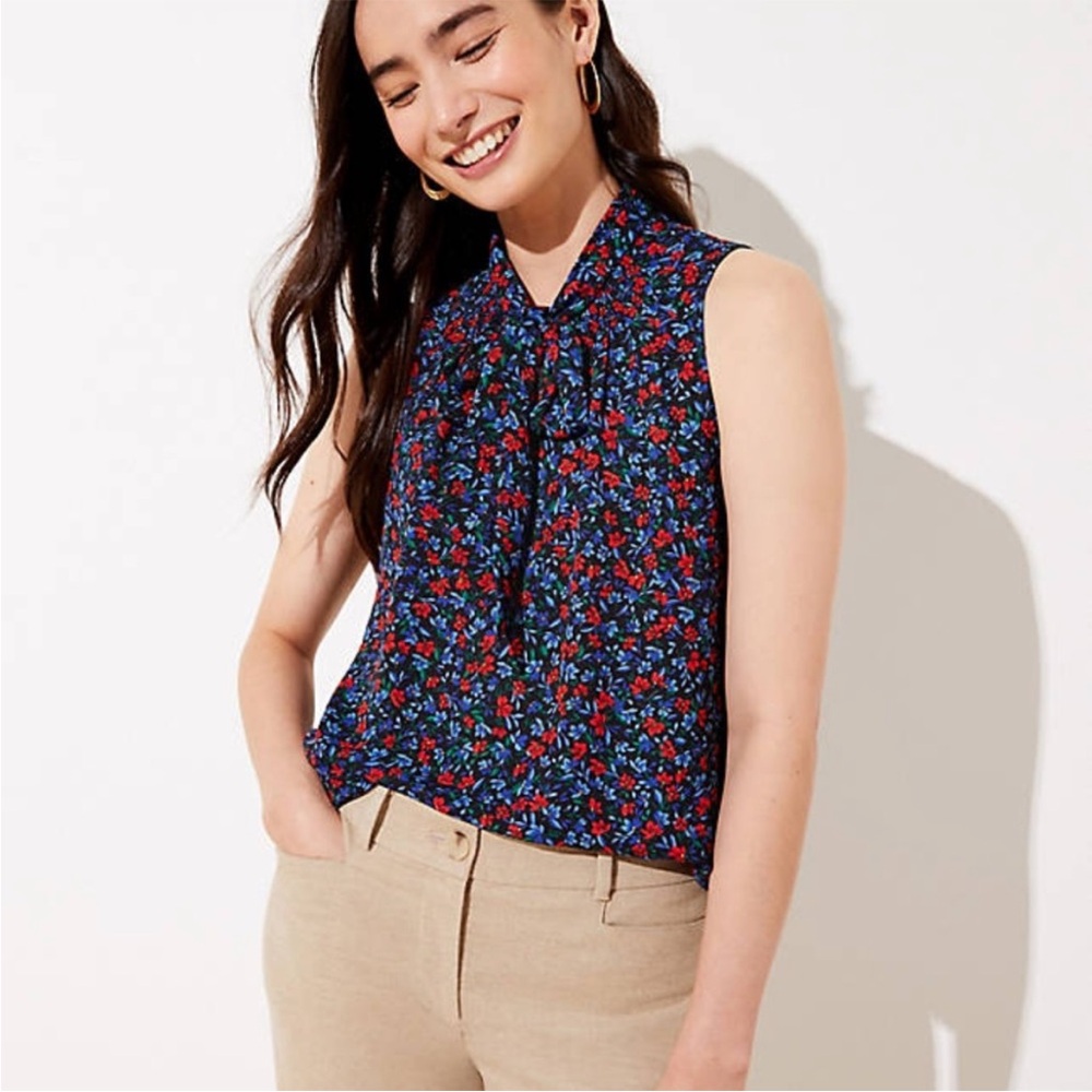 LOFT Floral Sleeveless Blouse - Navy and Red - Size M